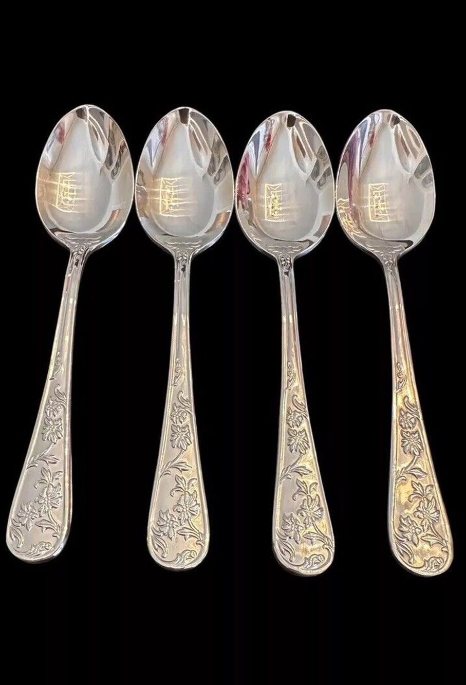 REED & BARTON Stainless QUEEN'S GARDEN Set Of 4 TEASPOONS 6 1/4" Glossy Floral D